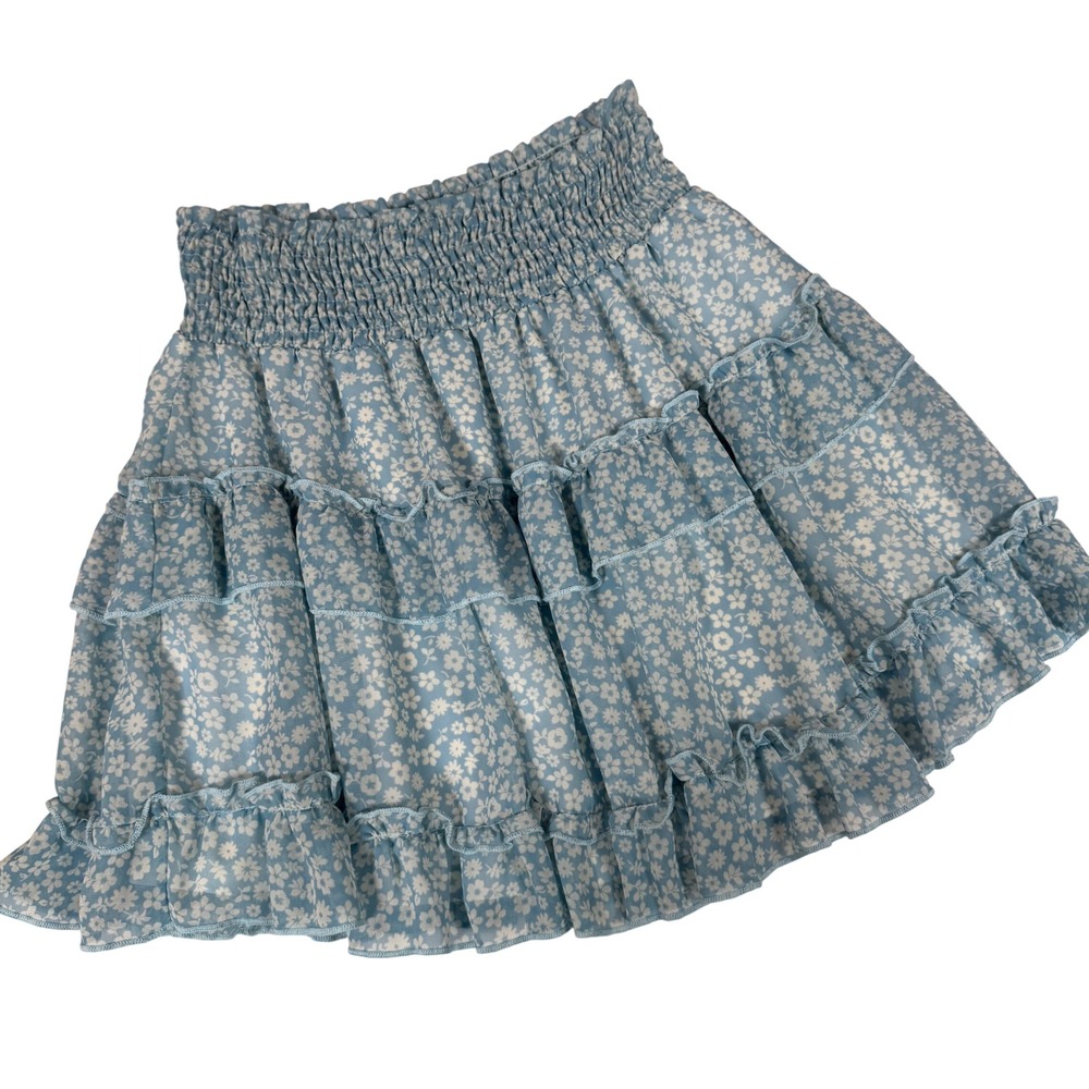 Altar'd State Mini Skirt Women M Blue Floral Ruffle Smocked Tiered Boho Ren Fair